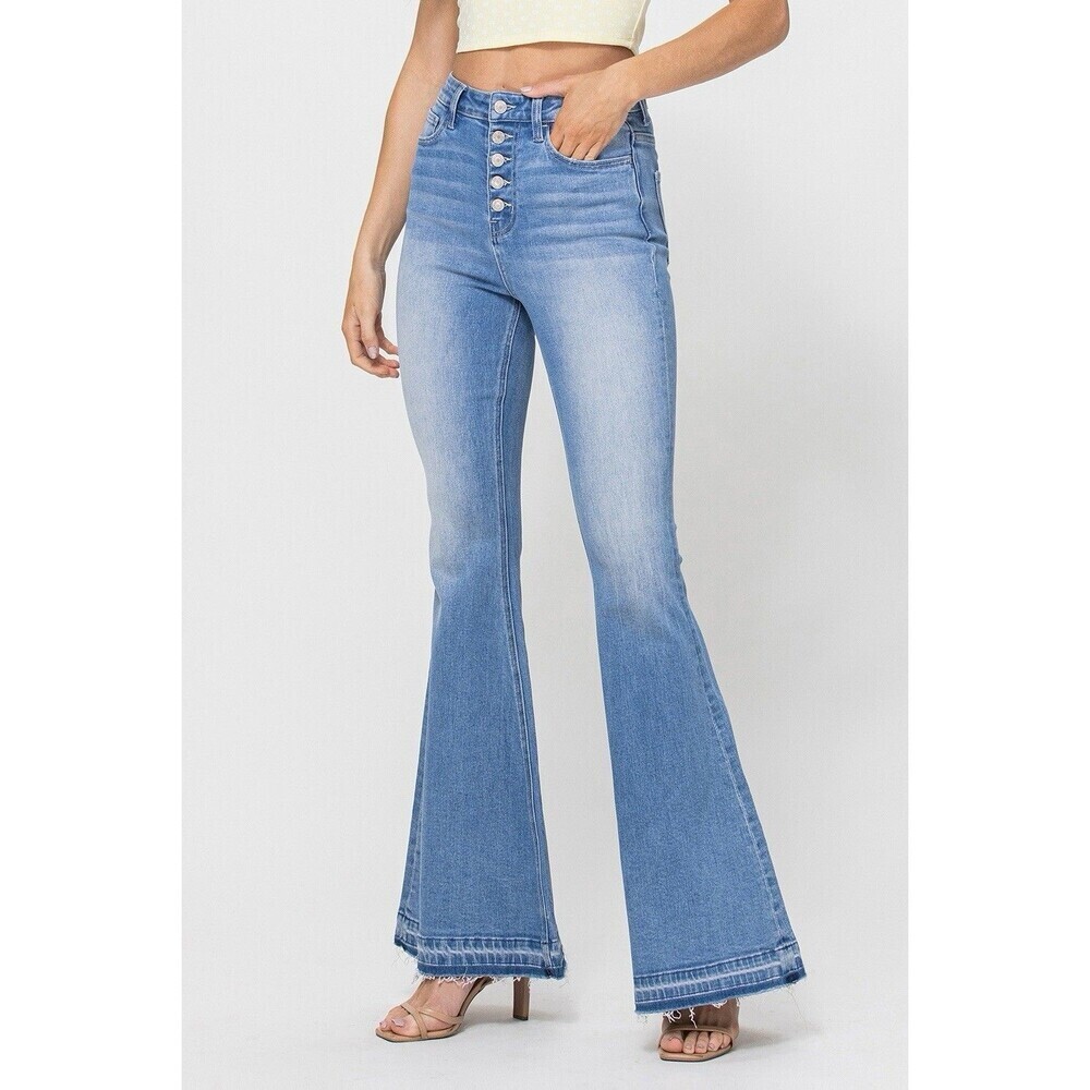 VERVET Super High Rise Button Fly Flare Jeans Distressed Raw Hem 26